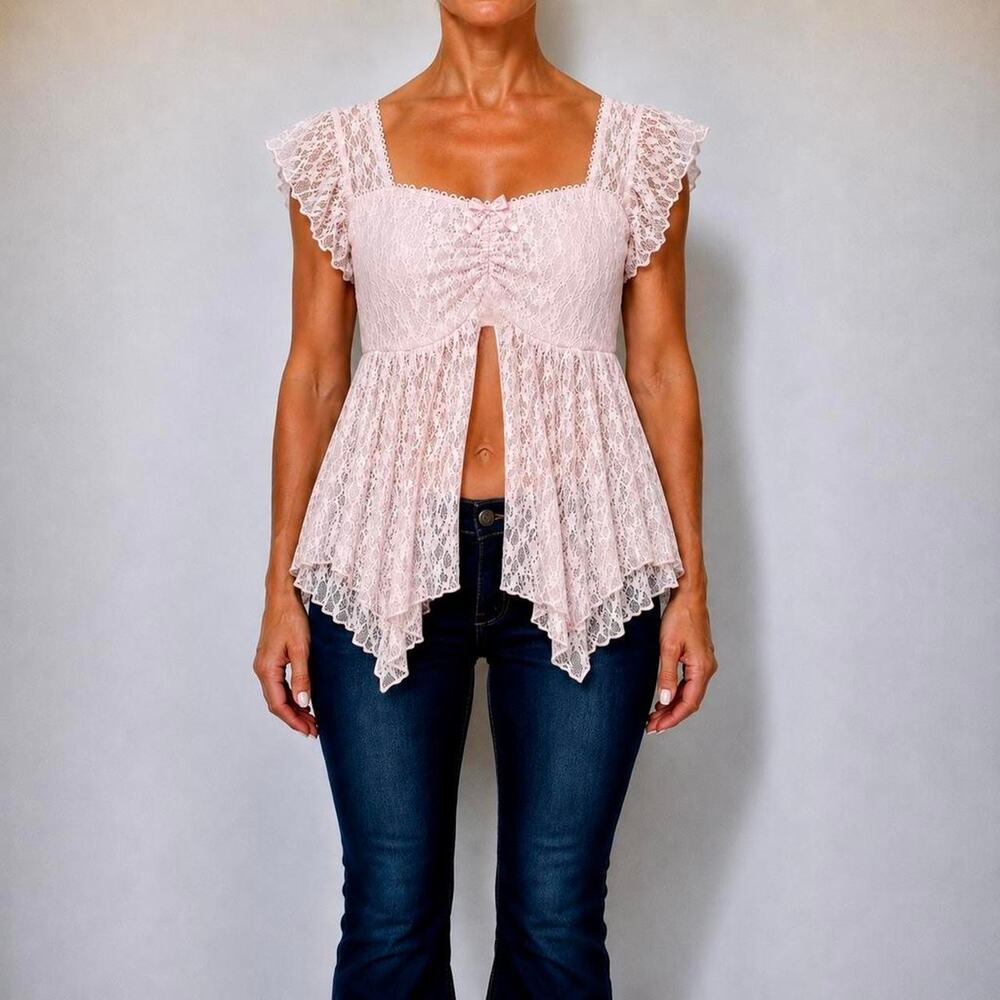 Vintage Y2K Baby Pink Lace Fairy Coquette Romantic Babydoll Pirate Top Size M